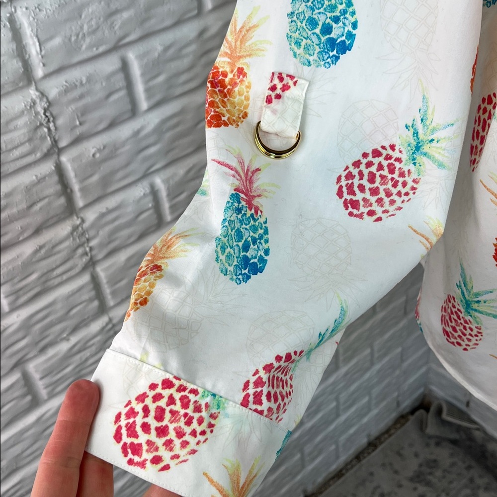CHICO’S PINEAPPLE BUTTON UP NO IRON BLOUSE GOLD BUTTONS ROLL UP SLEEVES SZ 3 - Picture 5 of 11